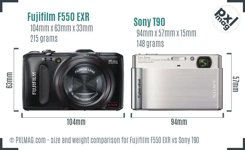 Fujifilm F550 EXR vs Sony T90 size comparison