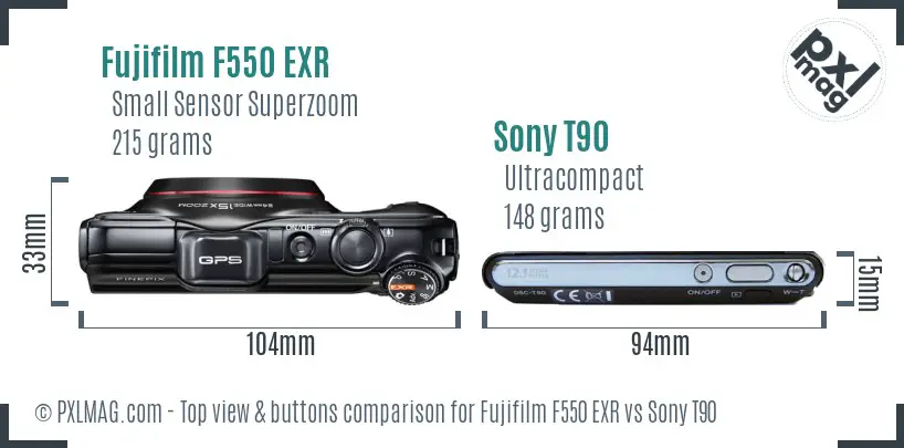 Fujifilm F550 EXR vs Sony T90 top view buttons comparison