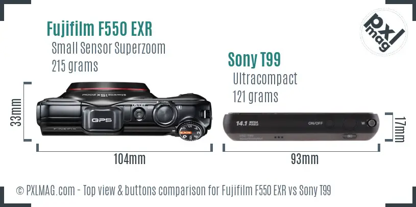Fujifilm F550 EXR vs Sony T99 top view buttons comparison