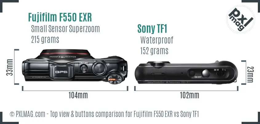 Fujifilm F550 EXR vs Sony TF1 top view buttons comparison