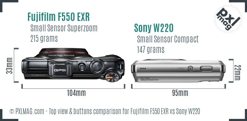 Fujifilm F550 EXR vs Sony W220 top view buttons comparison