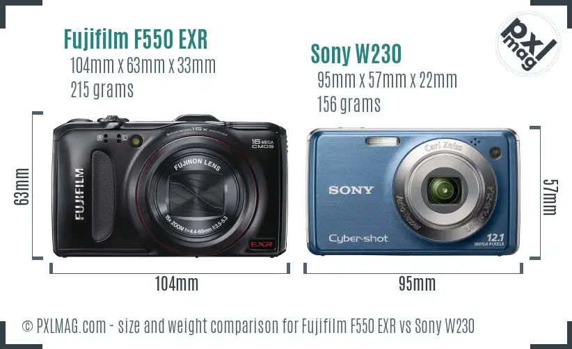 Fujifilm F550 EXR vs Sony W230 size comparison