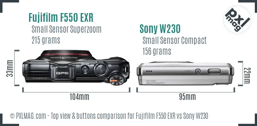 Fujifilm F550 EXR vs Sony W230 top view buttons comparison