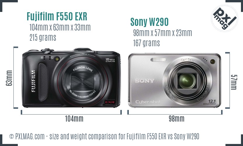 Fujifilm F550 EXR vs Sony W290 size comparison