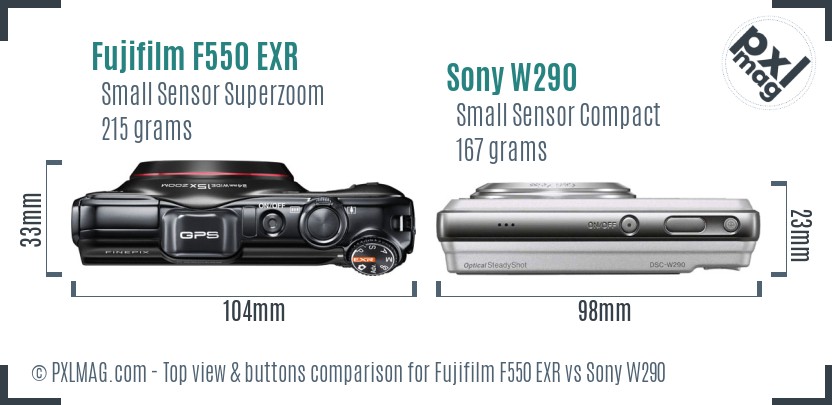 Fujifilm F550 EXR vs Sony W290 top view buttons comparison