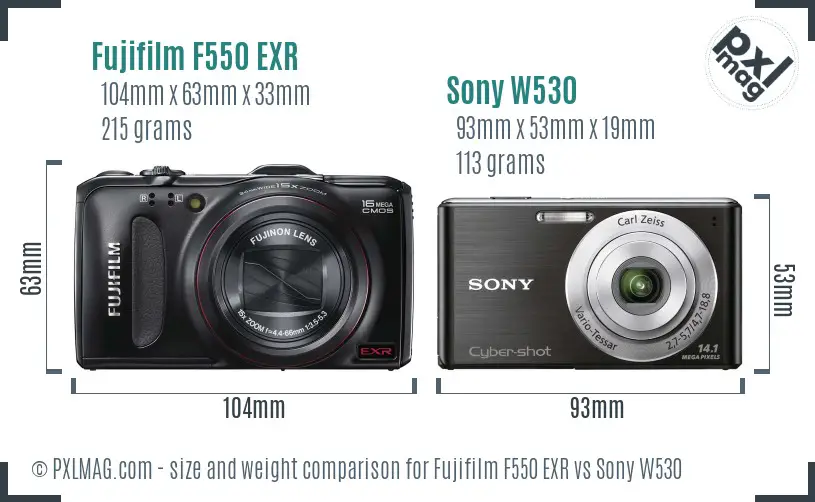 Fujifilm F550 EXR vs Sony W530 size comparison