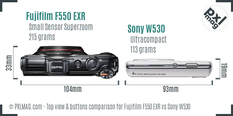 Fujifilm F550 EXR vs Sony W530 top view buttons comparison