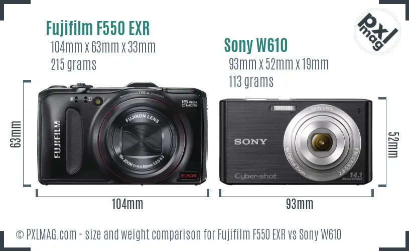 Fujifilm F550 EXR vs Sony W610 size comparison