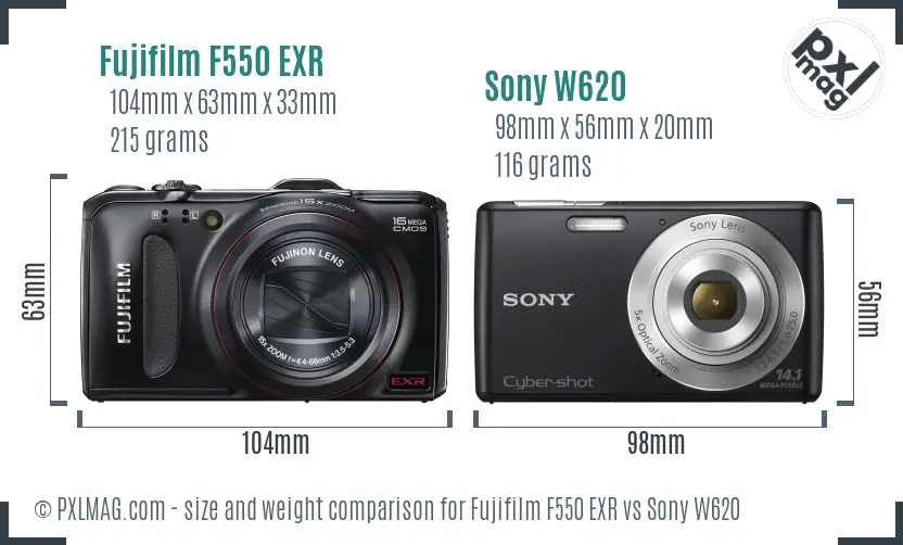 Fujifilm F550 EXR vs Sony W620 size comparison