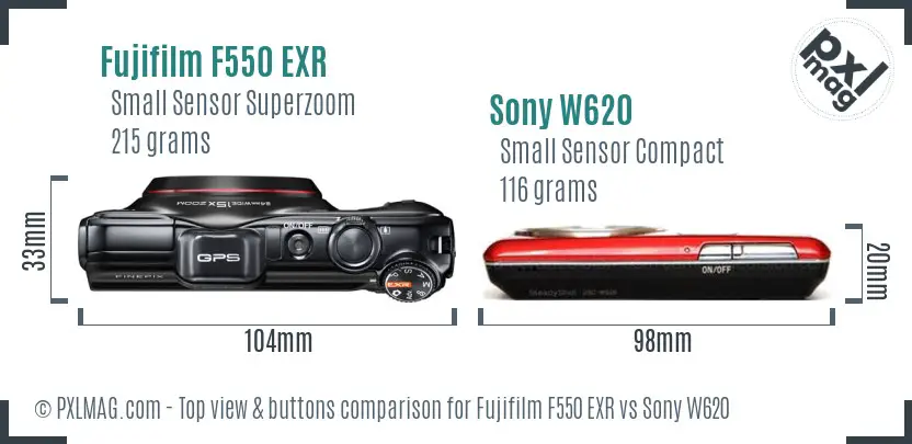 Fujifilm F550 EXR vs Sony W620 top view buttons comparison