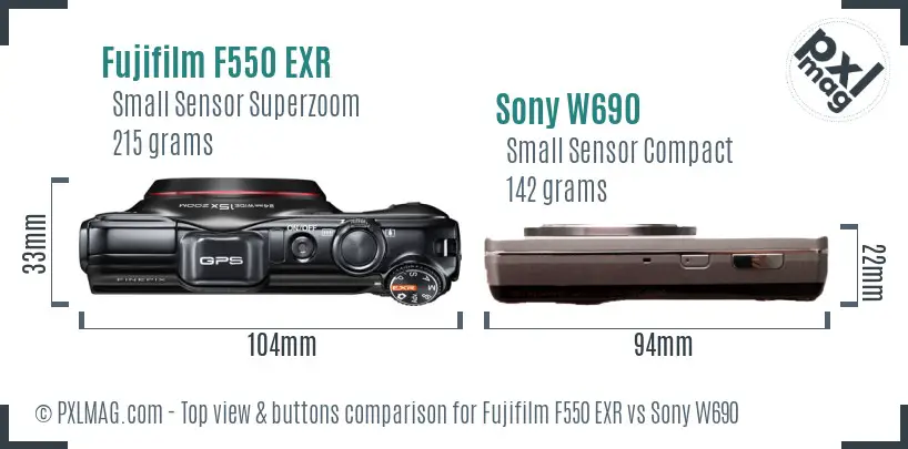 Fujifilm F550 EXR vs Sony W690 top view buttons comparison