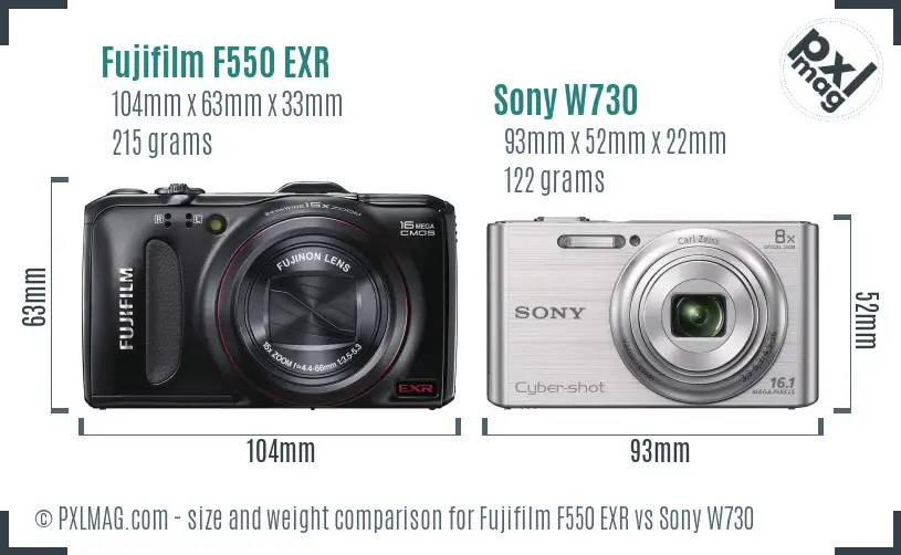Fujifilm F550 EXR vs Sony W730 size comparison
