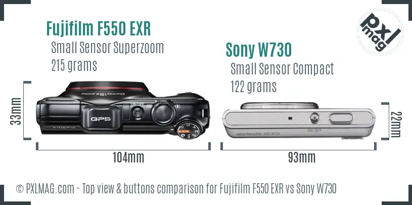 Fujifilm F550 EXR vs Sony W730 top view buttons comparison
