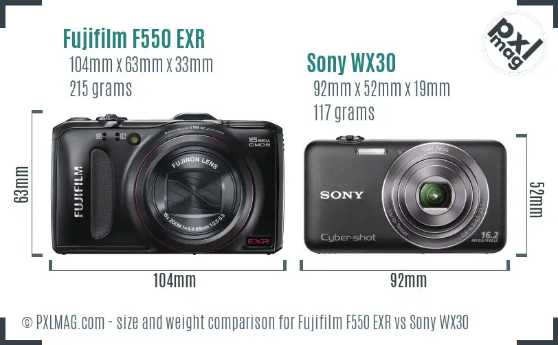 Fujifilm F550 EXR vs Sony WX30 size comparison