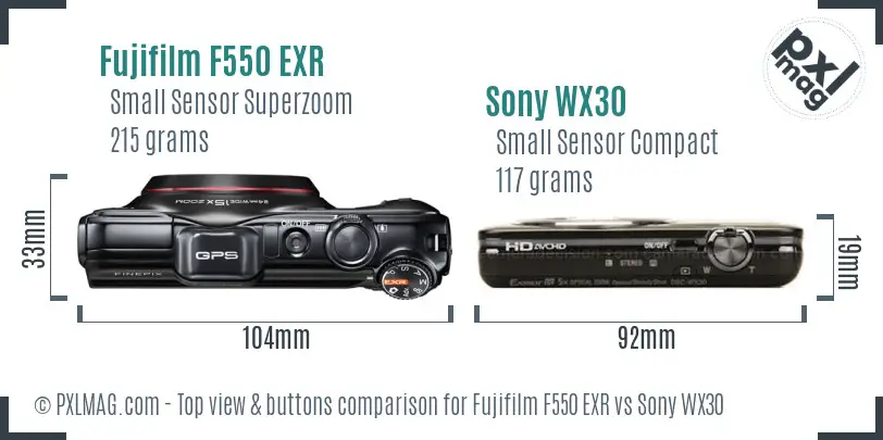 Fujifilm F550 EXR vs Sony WX30 top view buttons comparison