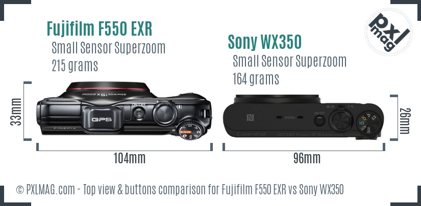 Fujifilm F550 EXR vs Sony WX350 top view buttons comparison