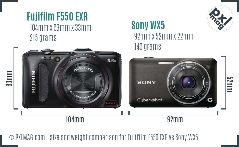 Fujifilm F550 EXR vs Sony WX5 size comparison