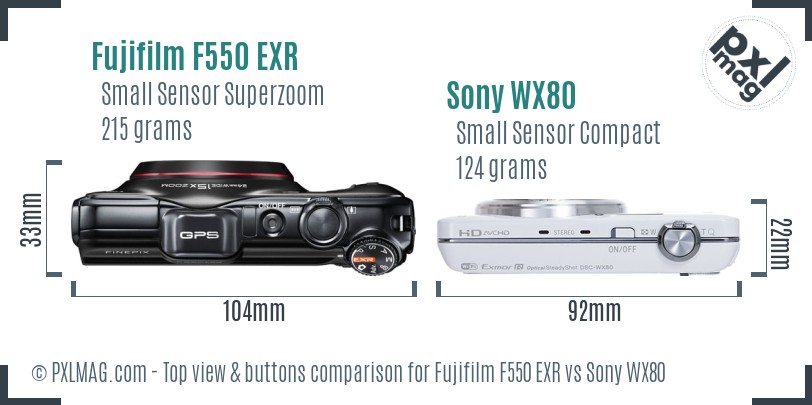 Fujifilm F550 EXR vs Sony WX80 top view buttons comparison