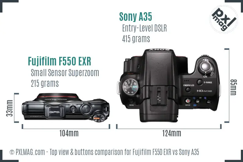 Fujifilm F550 EXR vs Sony A35 top view buttons comparison