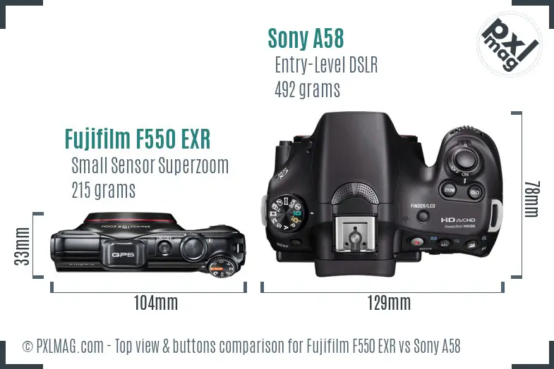 Fujifilm F550 EXR vs Sony A58 top view buttons comparison