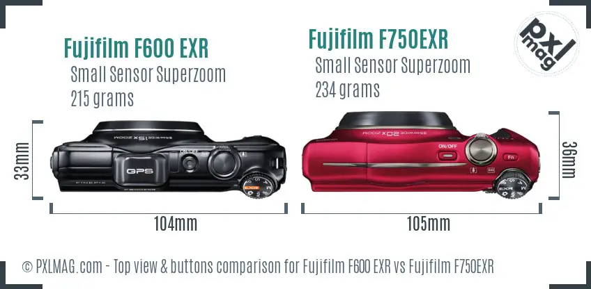 Fujifilm F600 EXR vs Fujifilm F750EXR top view buttons comparison