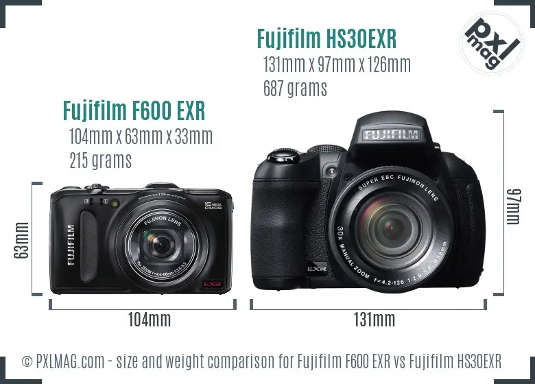 Fujifilm F600 EXR vs Fujifilm HS30EXR size comparison