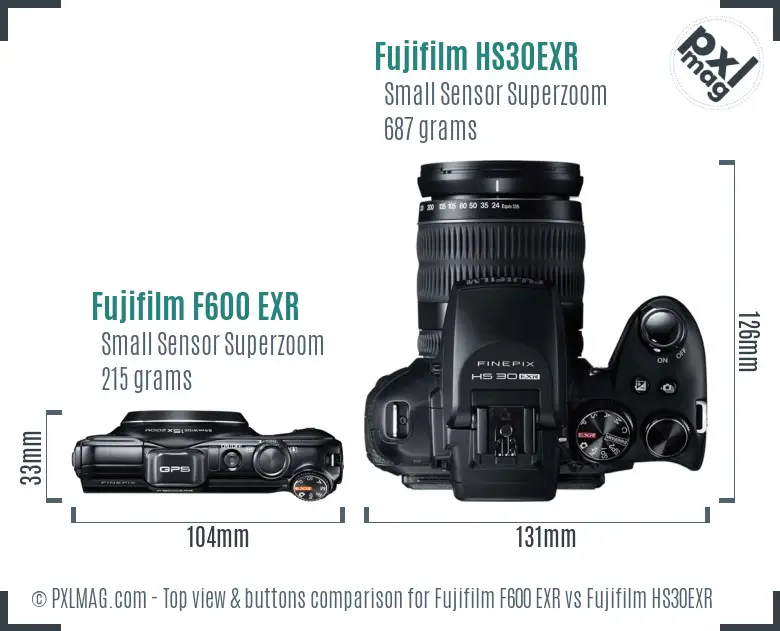 Fujifilm F600 EXR vs Fujifilm HS30EXR top view buttons comparison