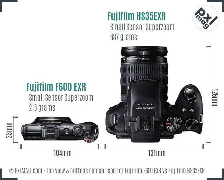 Fujifilm F600 EXR vs Fujifilm HS35EXR top view buttons comparison