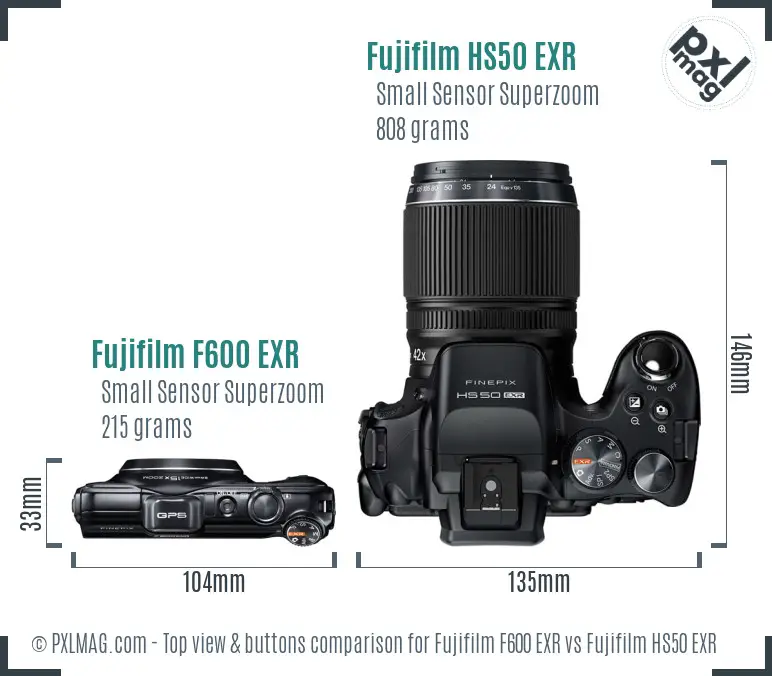 Fujifilm F600 EXR vs Fujifilm HS50 EXR top view buttons comparison