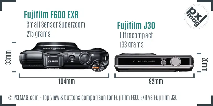 Fujifilm F600 EXR vs Fujifilm J30 top view buttons comparison