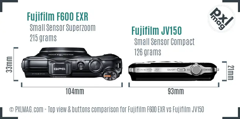 Fujifilm F600 EXR vs Fujifilm JV150 top view buttons comparison