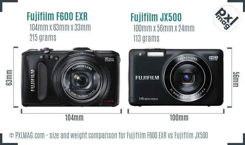 Fujifilm F600 EXR vs Fujifilm JX500 size comparison