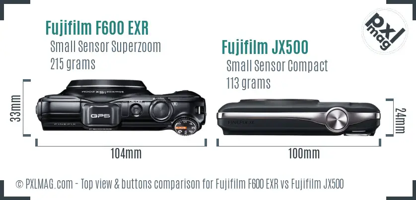 Fujifilm F600 EXR vs Fujifilm JX500 top view buttons comparison