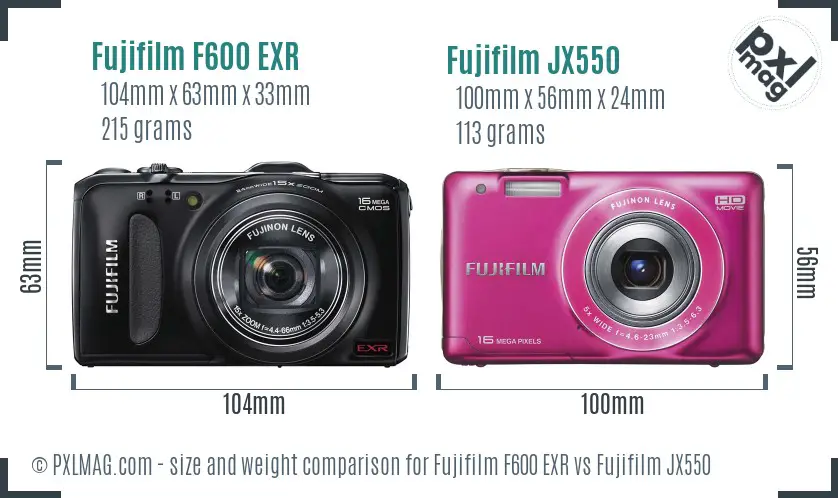 Fujifilm F600 EXR vs Fujifilm JX550 size comparison