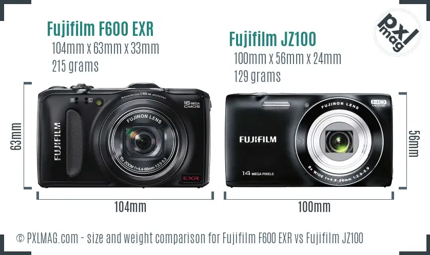 Fujifilm F600 EXR vs Fujifilm JZ100 size comparison