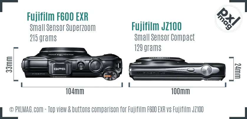 Fujifilm F600 EXR vs Fujifilm JZ100 top view buttons comparison