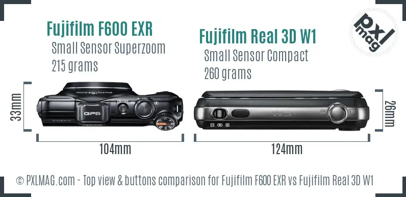 Fujifilm F600 EXR vs Fujifilm Real 3D W1 top view buttons comparison