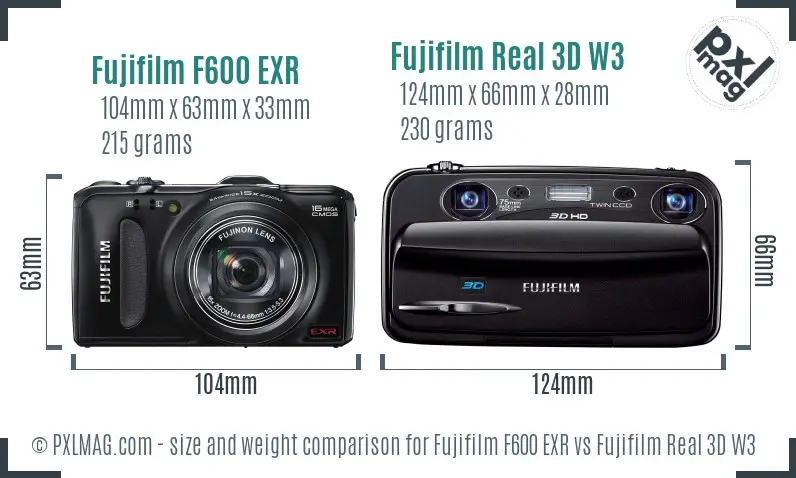 Fujifilm F600 EXR vs Fujifilm Real 3D W3 size comparison