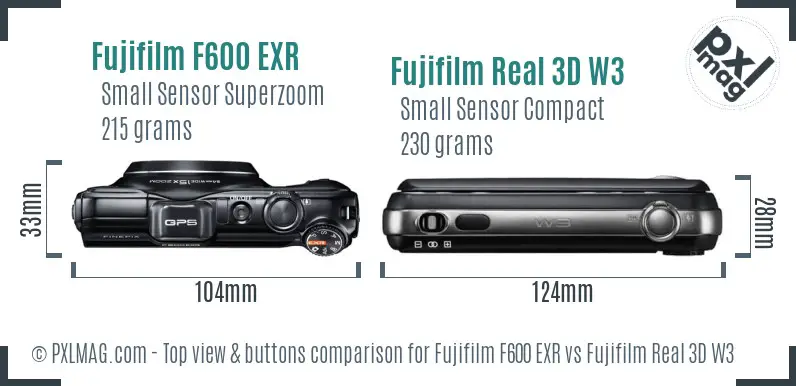 Fujifilm F600 EXR vs Fujifilm Real 3D W3 top view buttons comparison