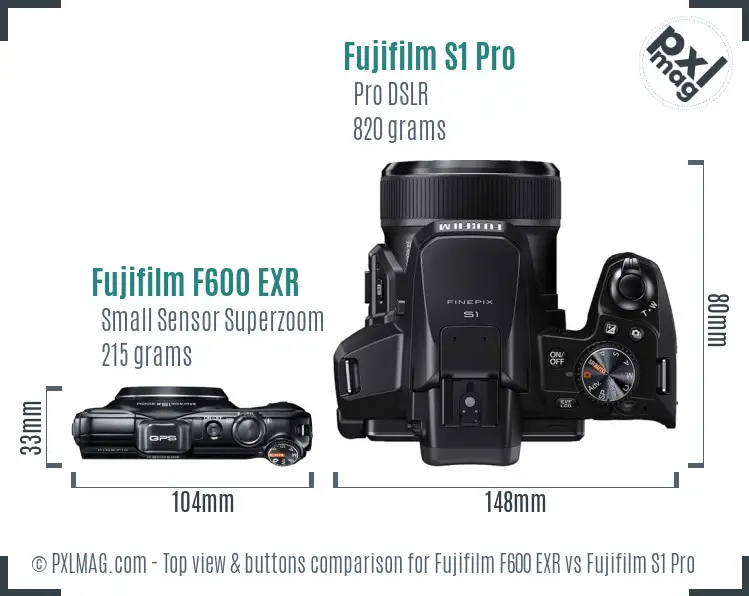 Fujifilm F600 EXR vs Fujifilm S1 Pro top view buttons comparison