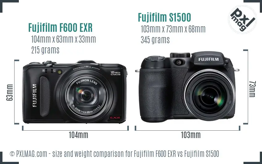 Fujifilm F600 EXR vs Fujifilm S1500 size comparison