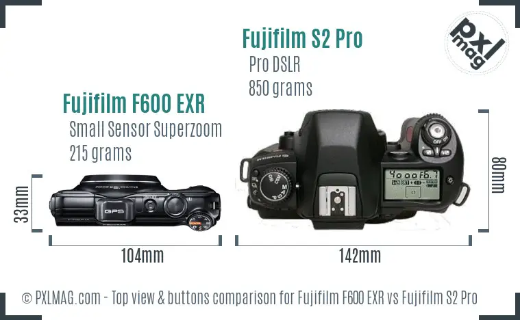 Fujifilm F600 EXR vs Fujifilm S2 Pro top view buttons comparison