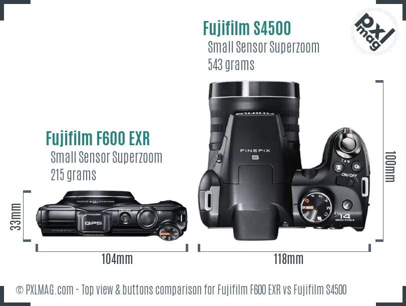 Fujifilm F600 EXR vs Fujifilm S4500 top view buttons comparison
