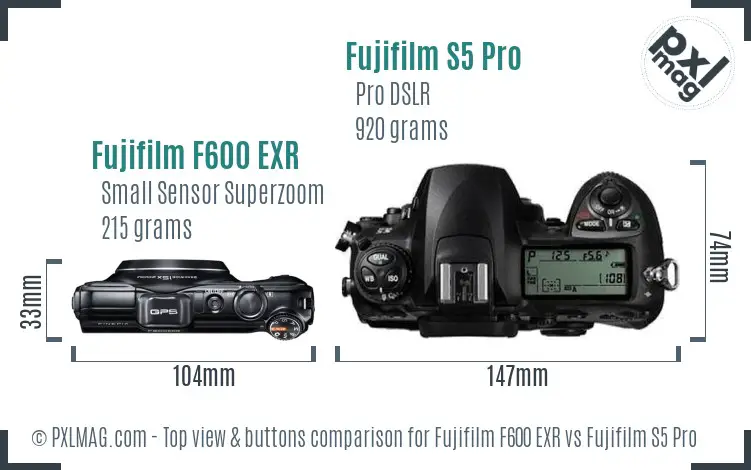 Fujifilm F600 EXR vs Fujifilm S5 Pro top view buttons comparison