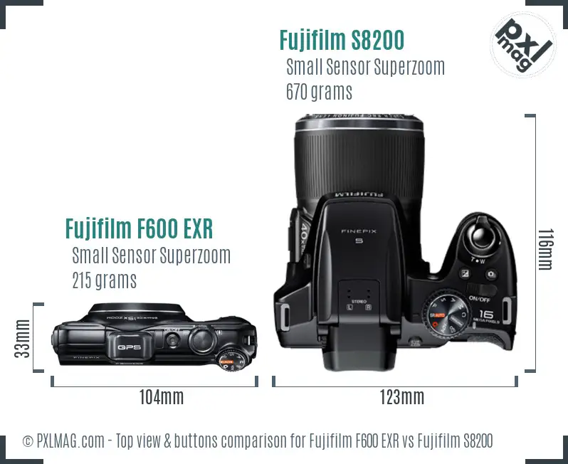 Fujifilm F600 EXR vs Fujifilm S8200 top view buttons comparison Fujifilm F600 EXR vs Fujifilm S8200 top view buttons comparison