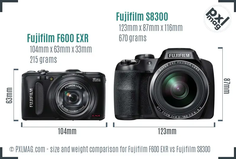 Fujifilm F600 EXR vs Fujifilm S8300 size comparison