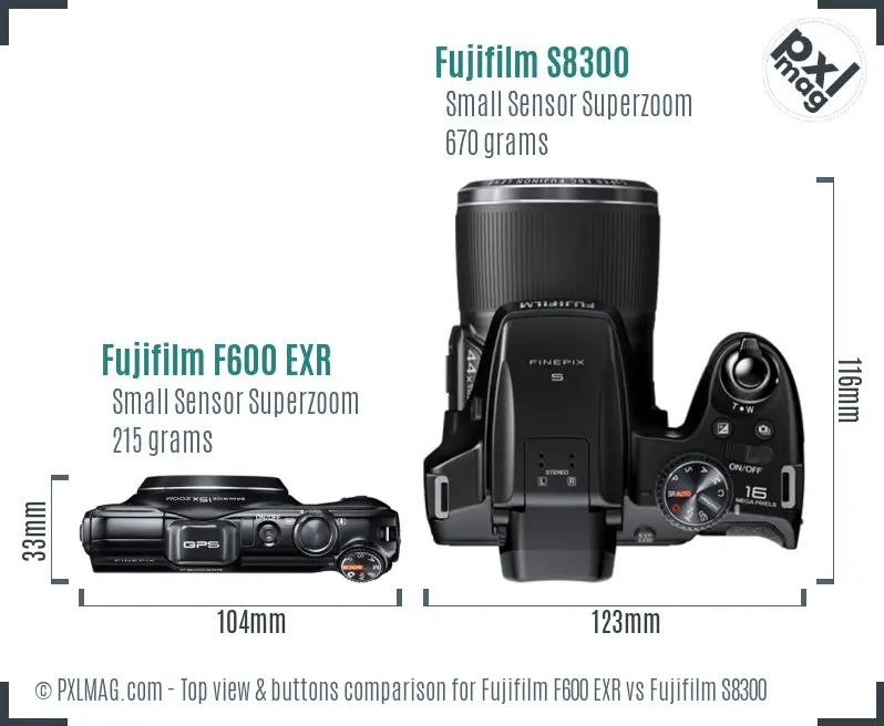 Fujifilm F600 EXR vs Fujifilm S8300 top view buttons comparison