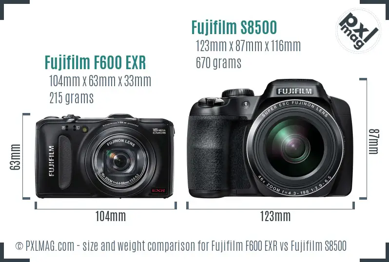 Fujifilm F600 EXR vs Fujifilm S8500 size comparison