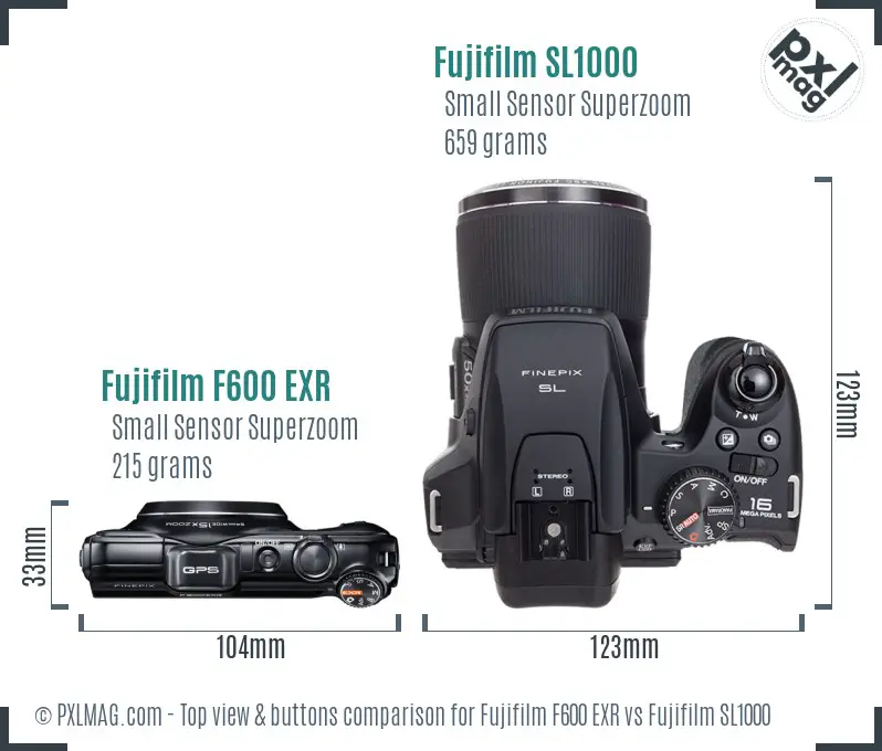 Fujifilm F600 EXR vs Fujifilm SL1000 top view buttons comparison Fujifilm F600 EXR vs Fujifilm SL1000 top view buttons comparison