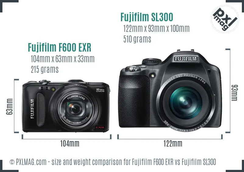 Fujifilm F600 EXR vs Fujifilm SL300 size comparison